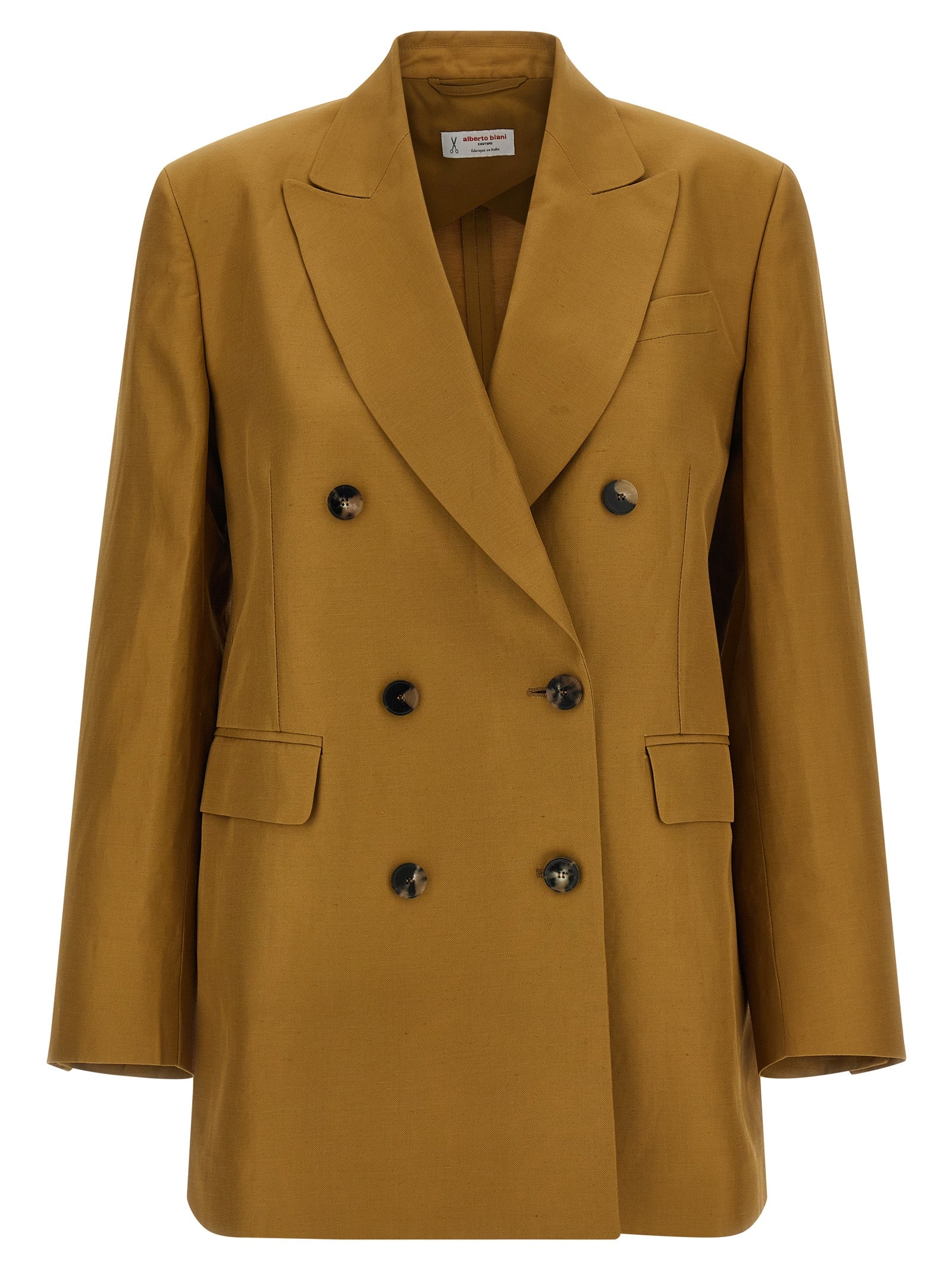 Blazer by Alberto Biani for women in linen & viscose brown & horn showcases a discerning silhouette, elegantly detailed with a sophisticated and premium for a truly discerning finish.