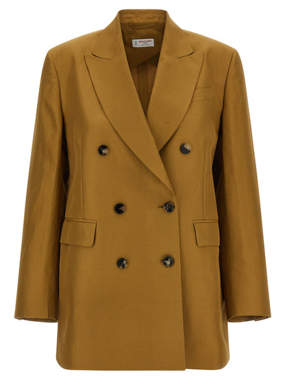 Blazer by Alberto Biani for women in linen & viscose brown & horn showcases a discerning silhouette, elegantly detailed with a sophisticated and premium for a truly discerning finish.