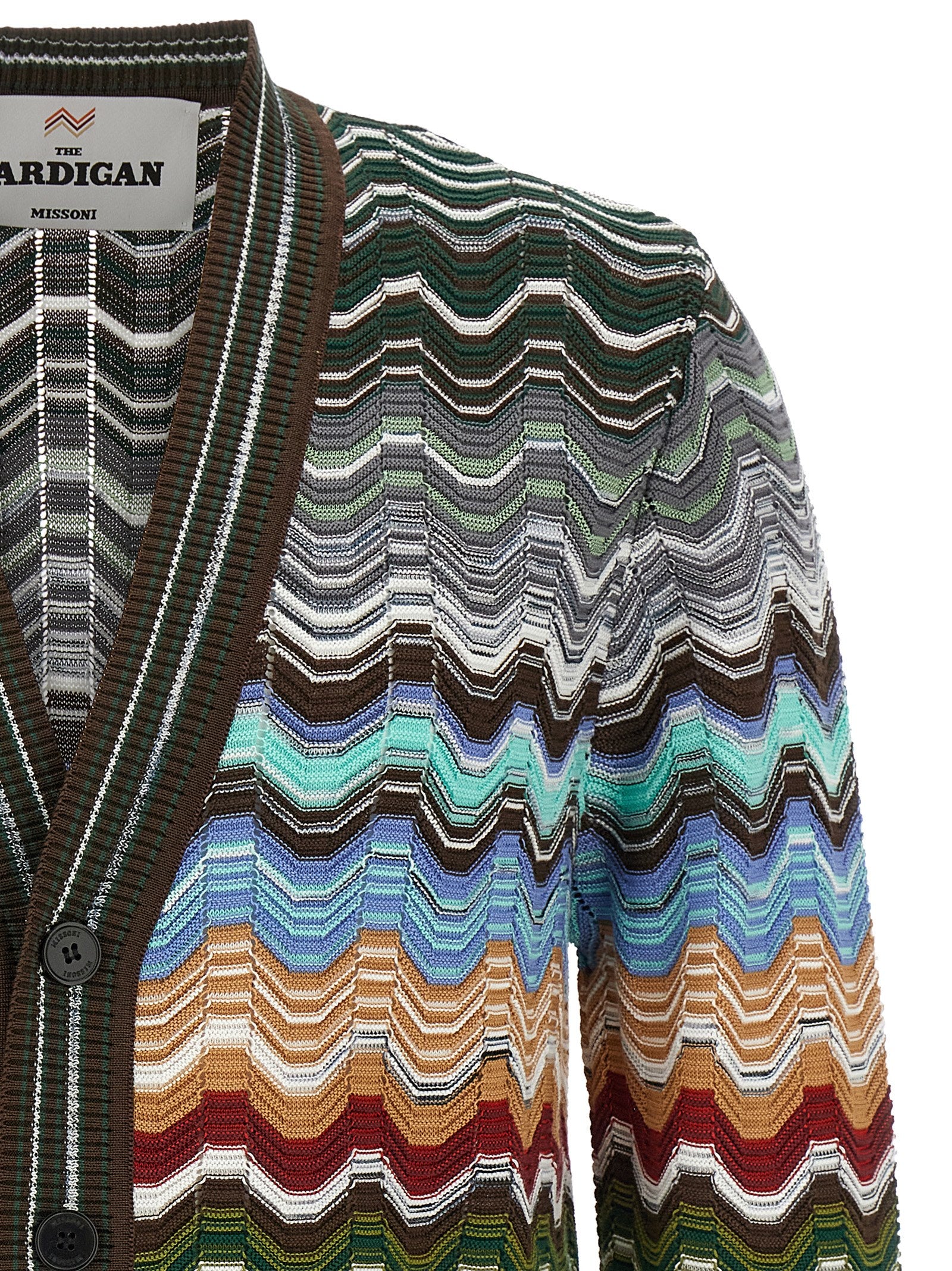 Cardigan by Missoni for men in viscose cotton multicolor, patterned & chevron showcases a luxurious silhouette, meticulously detailed with a sophisticated v-neck neckline and for a refined finish.