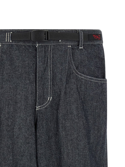 Jeans by Gramicci for men in denim cotton blue presents a tailored silhouette, showcasing a tailored straight-leg and long cut with a refined for a truly tailored aesthetic.
