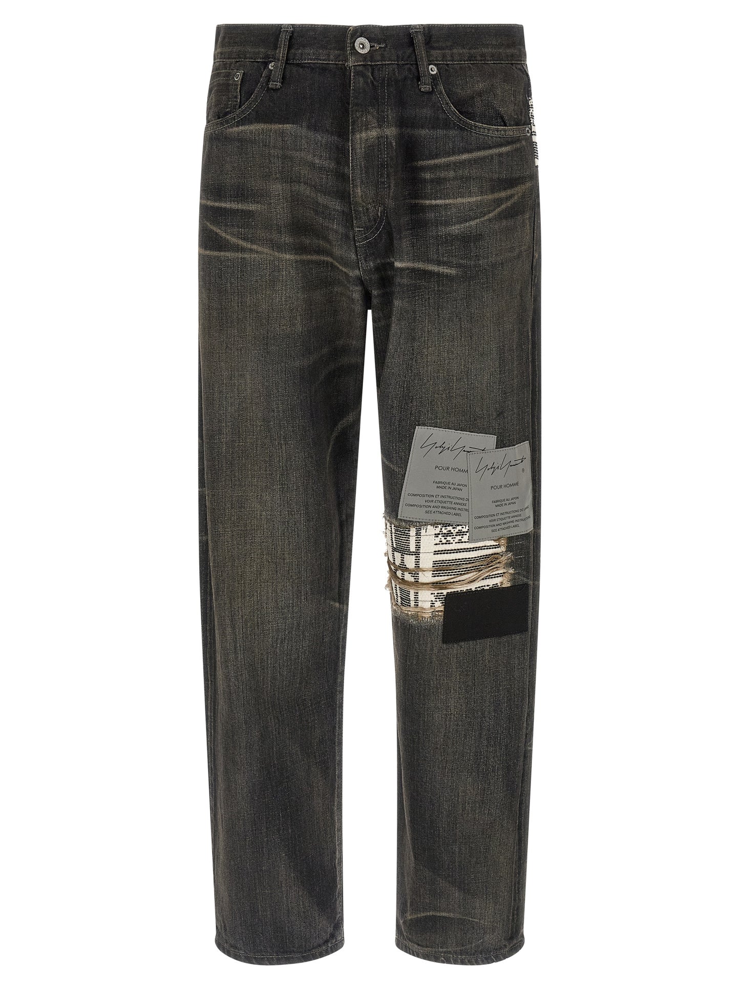 Jeans by Yohji Yamamoto for men in denim cotton black & jacquard features a refined silhouette with a refined tapered-leg, defined by a mid rise and a refined long for a refined finish.
