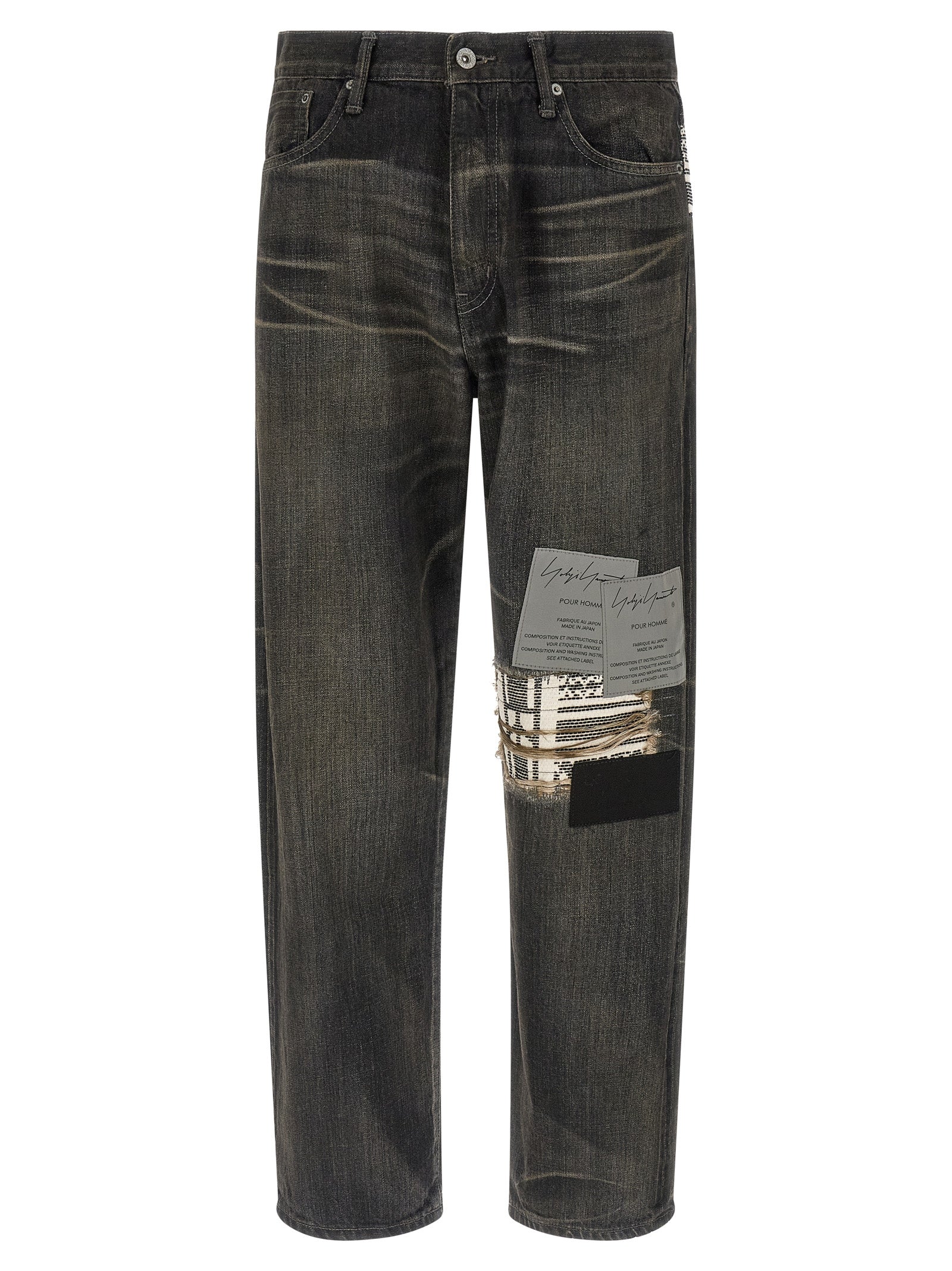 Jeans by Yohji Yamamoto for men in denim cotton black & jacquard features a refined silhouette with a refined tapered-leg, defined by a mid rise and a refined long for a refined finish.