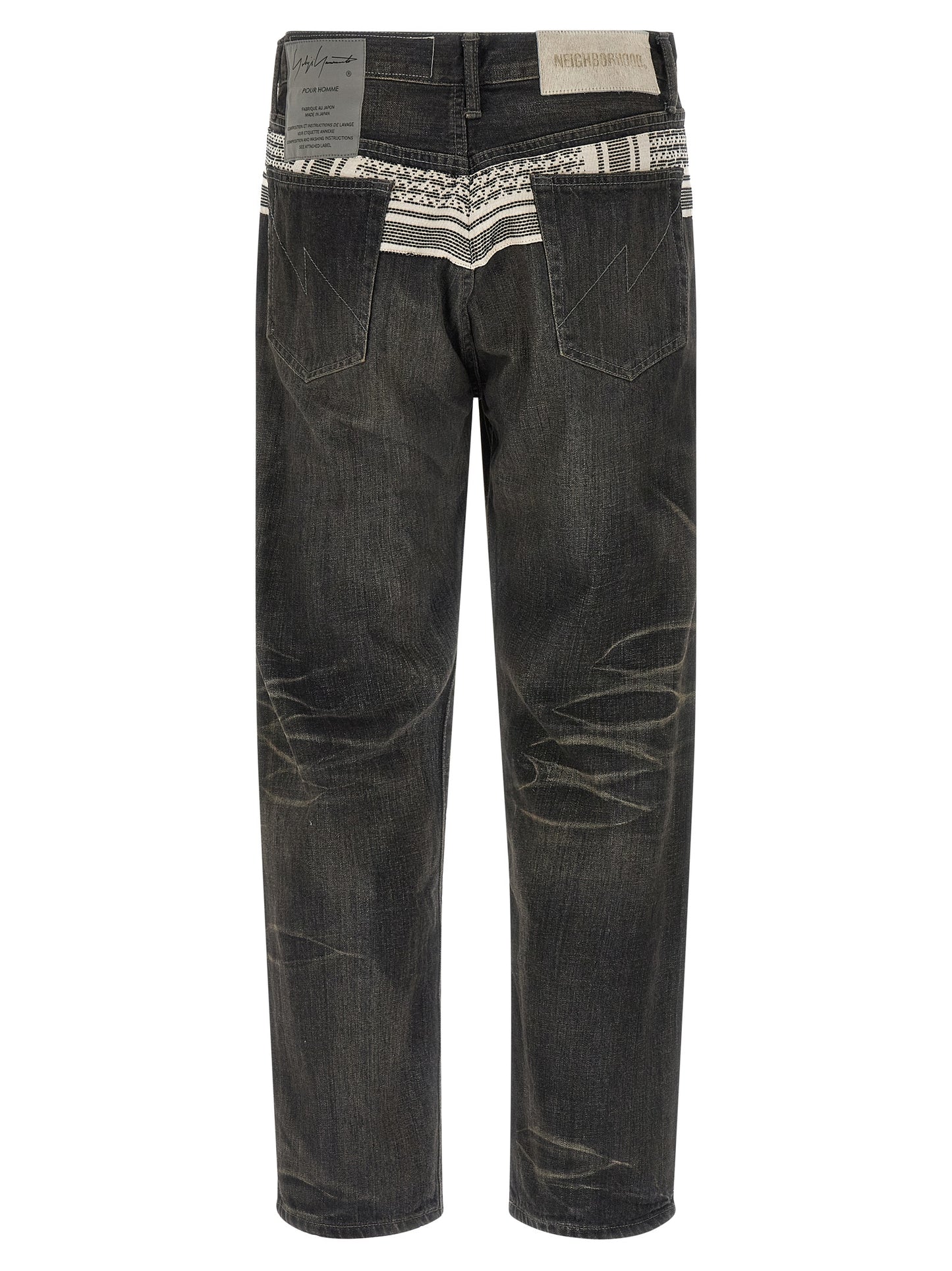 Jeans by Yohji Yamamoto for men in denim cotton black & jacquard features a polished silhouette with a polished tapered-leg, reaching a polished long and finished with a polished mid rise.