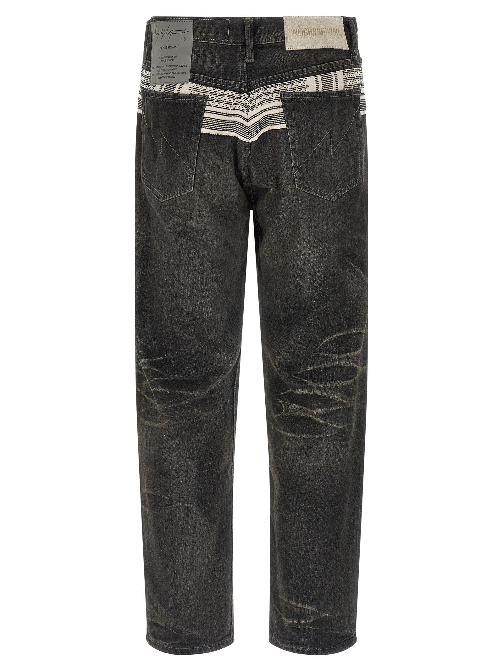 Jeans by Yohji Yamamoto for men in denim cotton black & jacquard features a polished silhouette with a polished tapered-leg, reaching a polished long and finished with a polished mid rise.