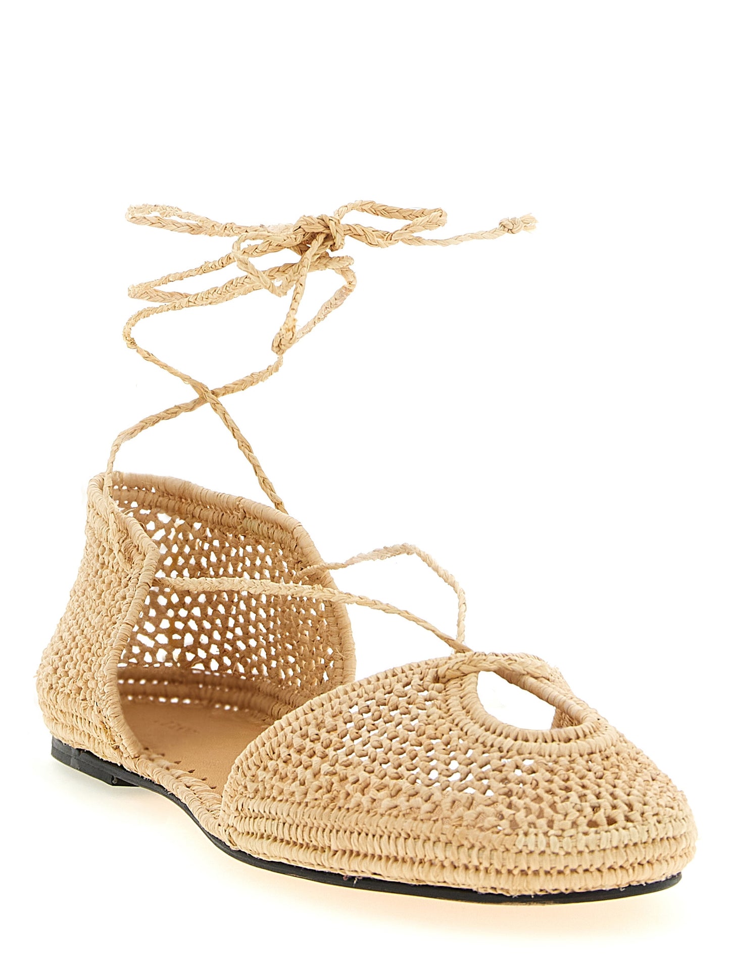 Ballet Flat Shoes by ODISSI for women in raffia viscose & polyester beige showcases a dynamic silhouette, artfully capturing Ribbon Women's Raffia Viscose & Polyester Ballet Flat Shoes through its distinctive and elegant .