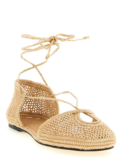 Ballet Flat Shoes by ODISSI for women in raffia viscose & polyester beige showcases a dynamic silhouette, artfully capturing Ribbon Women's Raffia Viscose & Polyester Ballet Flat Shoes through its distinctive and elegant .