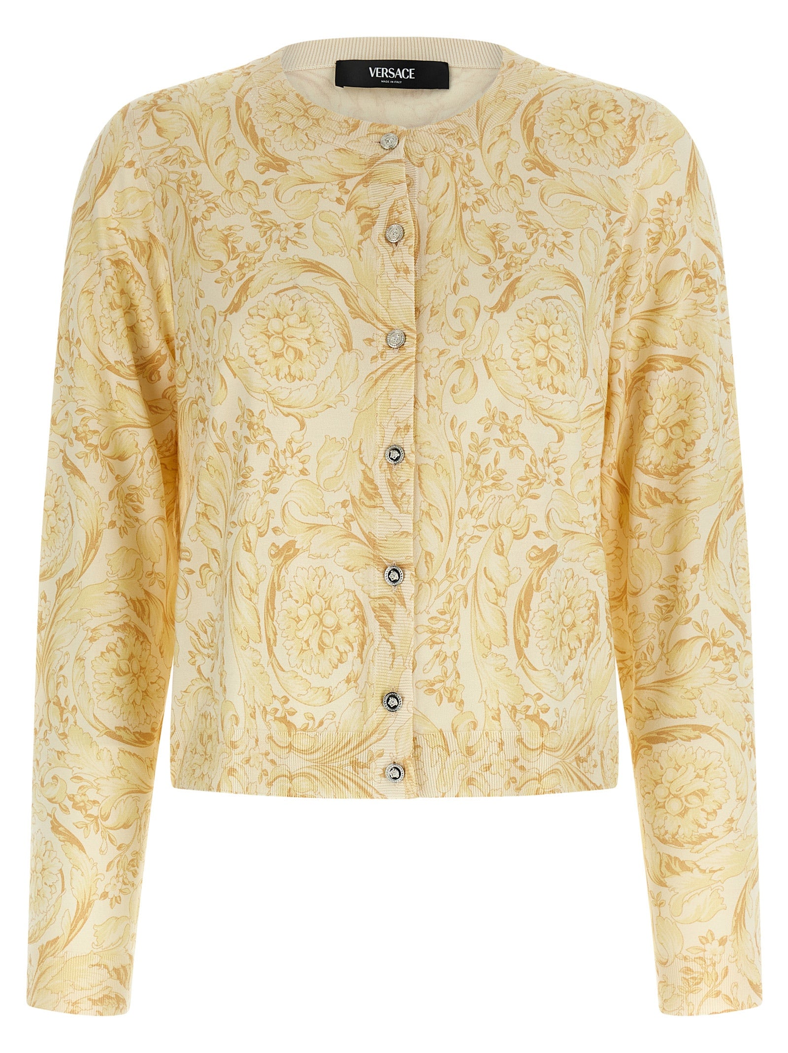 Cardigan by Versace for women in silk bicolour, yellow & print showcases a luxurious silhouette, meticulously detailed with a sophisticated crew neckline and for a refined finish.