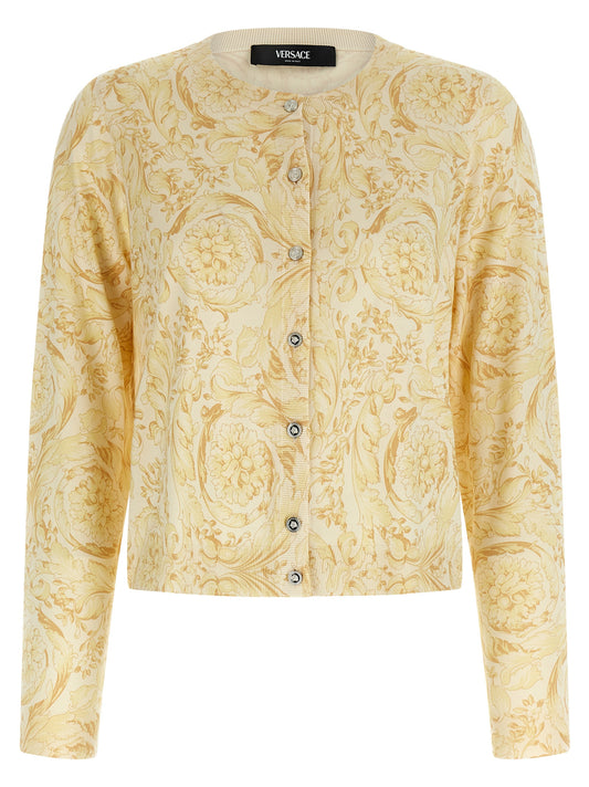 Cardigan by Versace for women in silk bicolour, yellow & print showcases a luxurious silhouette, meticulously detailed with a sophisticated crew neckline and for a refined finish.