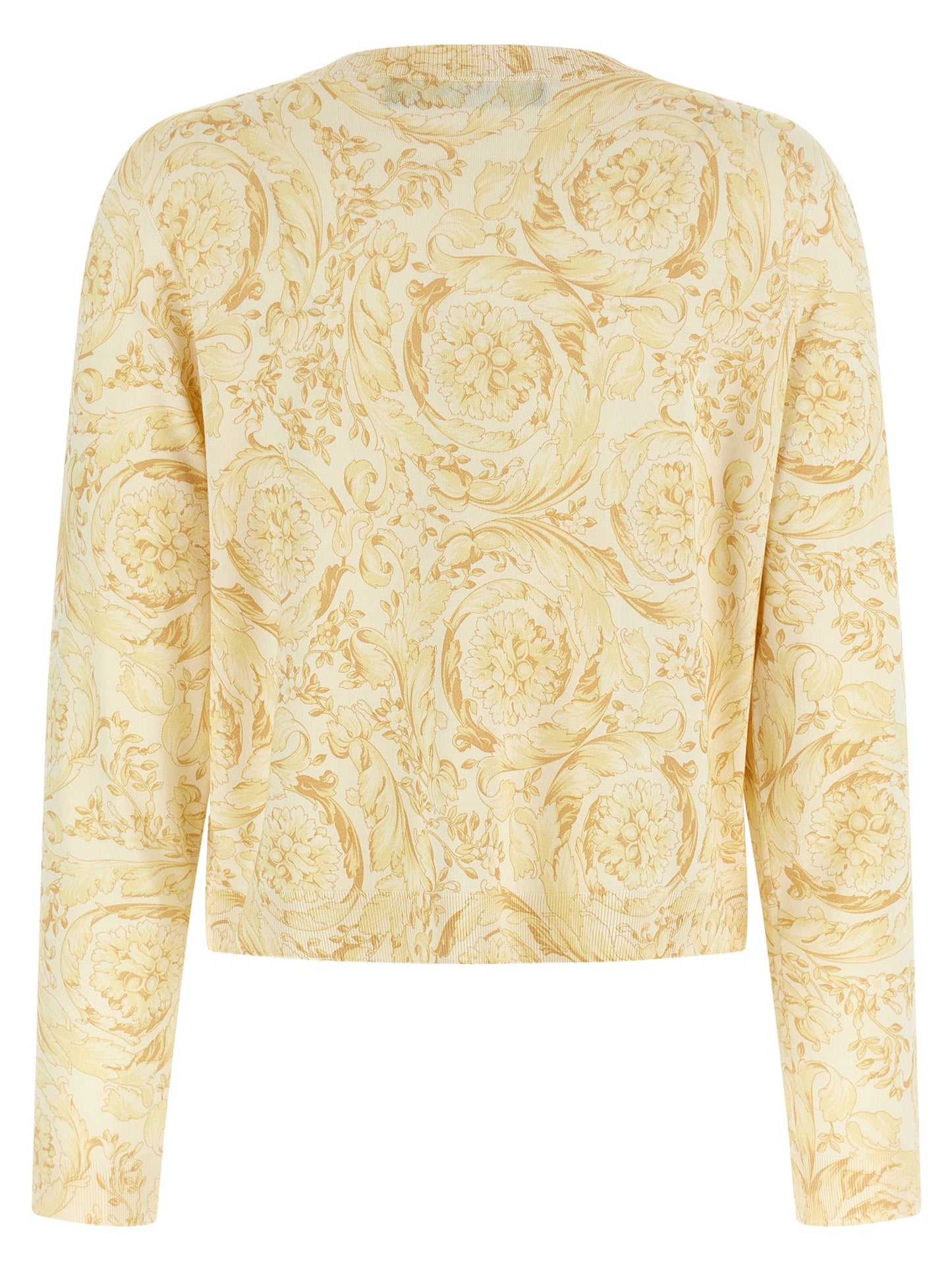 Cardigan by Versace for women in silk bicolour, yellow & print showcases a captivating silhouette, artfully detailed with a captivating and crew neckline for a truly sophisticated captivating look.