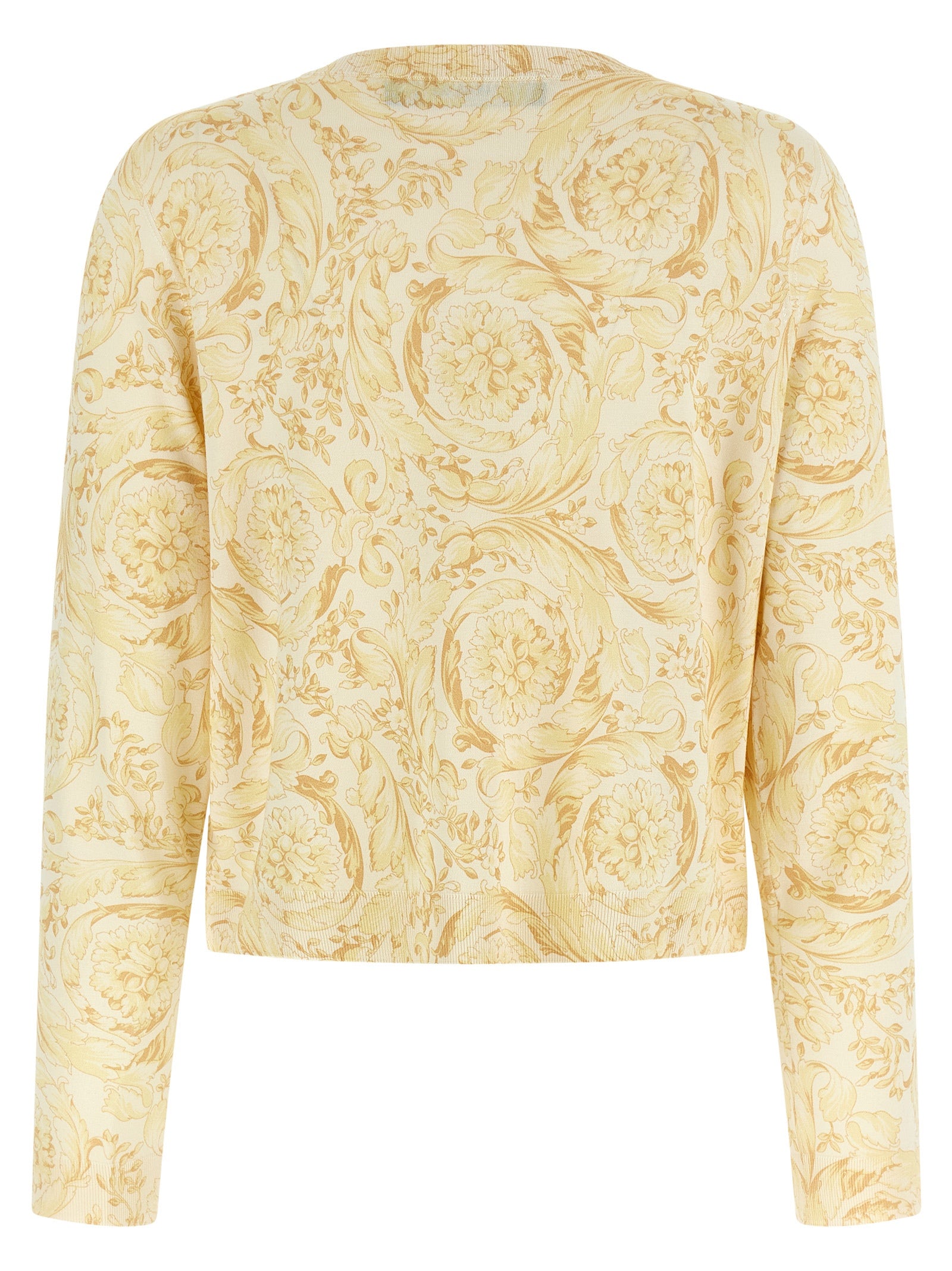 Cardigan by Versace for women in silk bicolour, yellow & print showcases a captivating silhouette, artfully detailed with a captivating and crew neckline for a truly sophisticated captivating look.