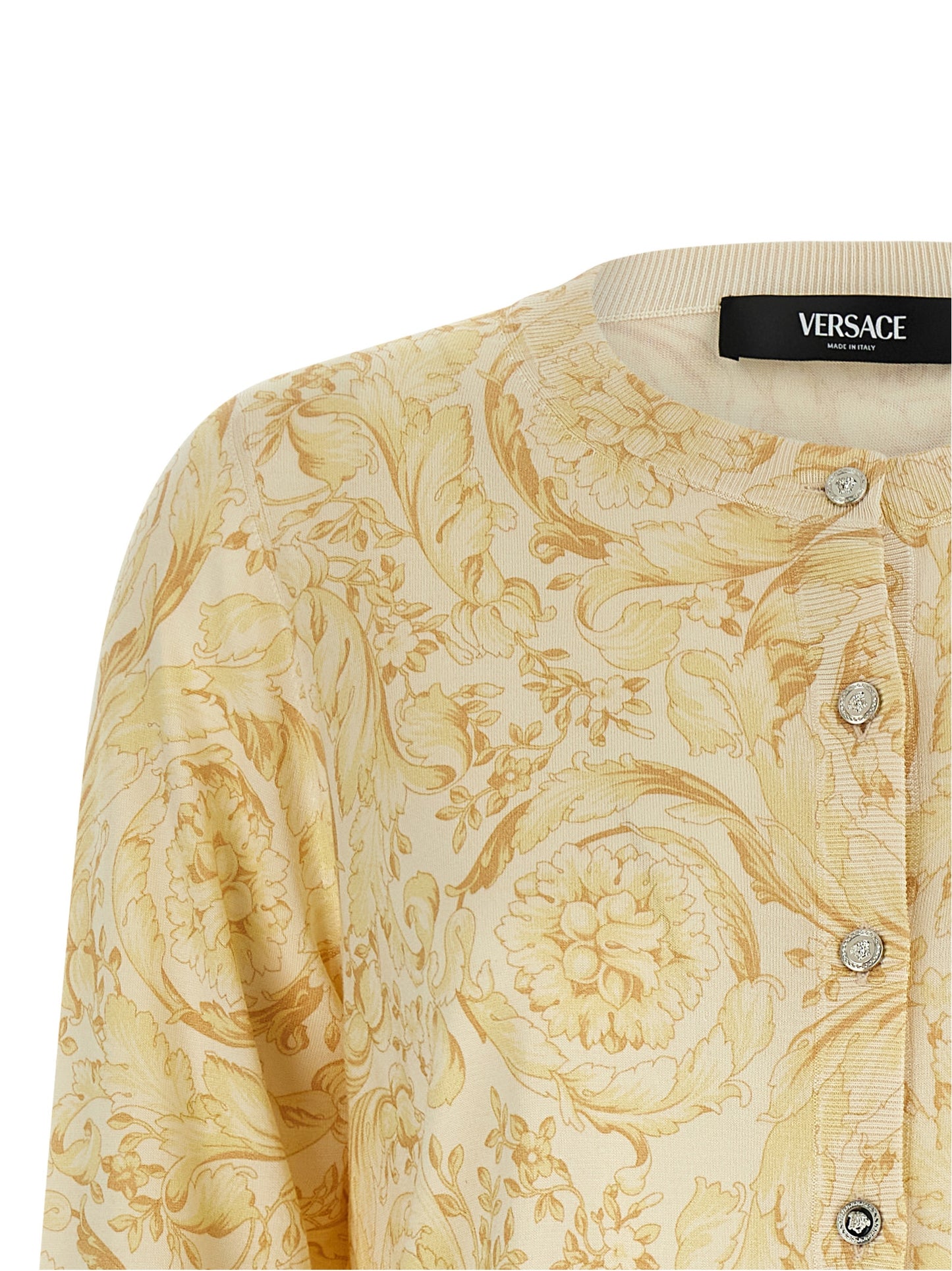 Cardigan by Versace for women in silk bicolour, yellow & print features an crisp silhouette, showcasing a sophisticated crew neckline and detail for a truly crisp finish.