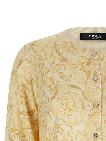 Cardigan by Versace for women in silk bicolour, yellow & print features an crisp silhouette, showcasing a sophisticated crew neckline and detail for a truly crisp finish.