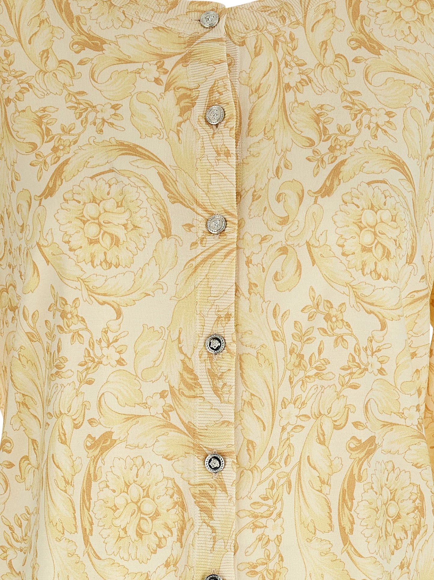 Cardigan by Versace for women in silk bicolour, yellow & print features a nuanced silhouette with a refined and nuanced detailing for a sophisticated look.