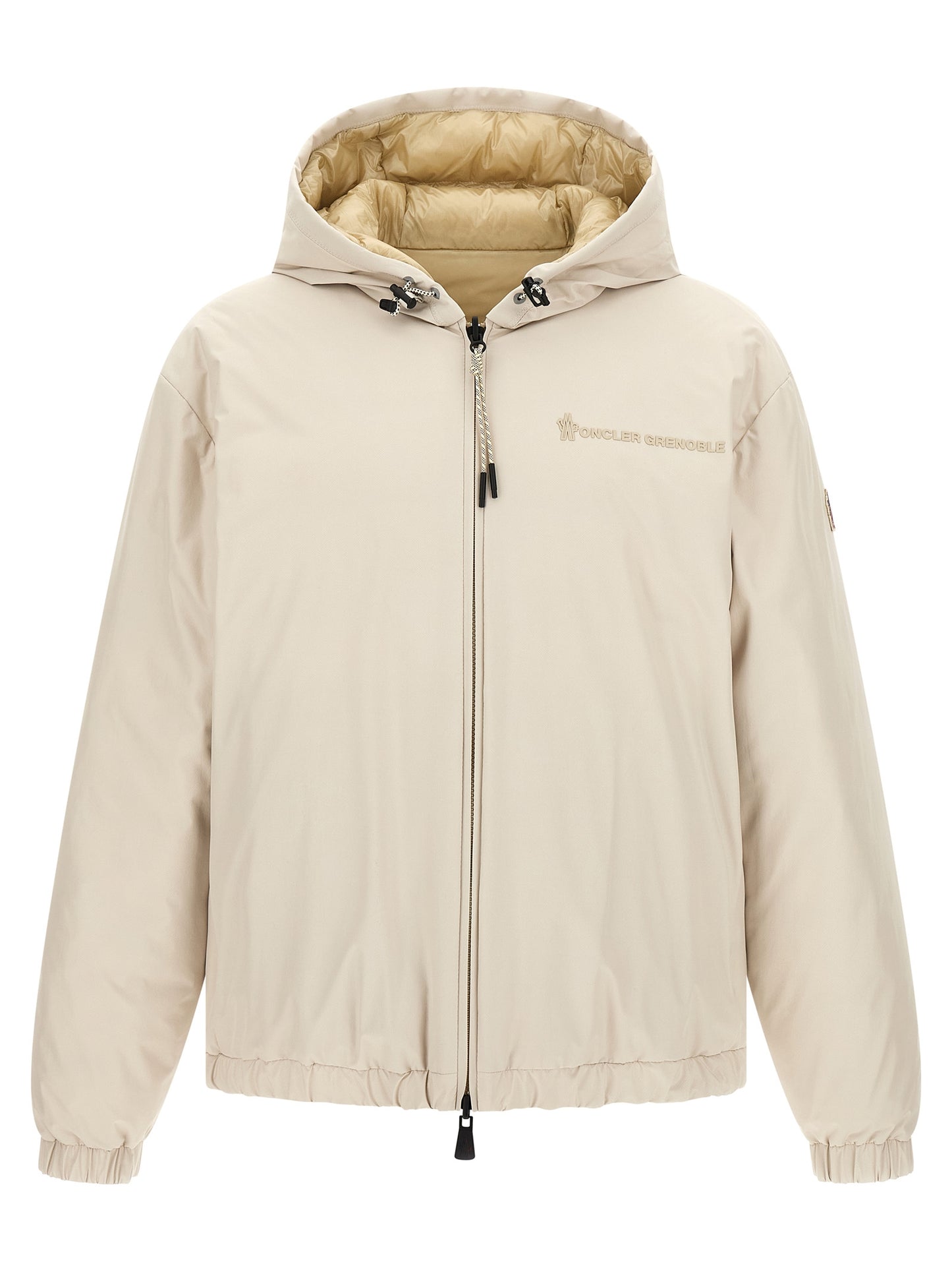 Hooded Puffer Jacket by Moncler Grenoble for men in nylon beige presents a effortlessly chic silhouette, showcasing a sophisticated hooded neckline and premium hooded, insulated & windproof for a truly effortlessly chic finish.