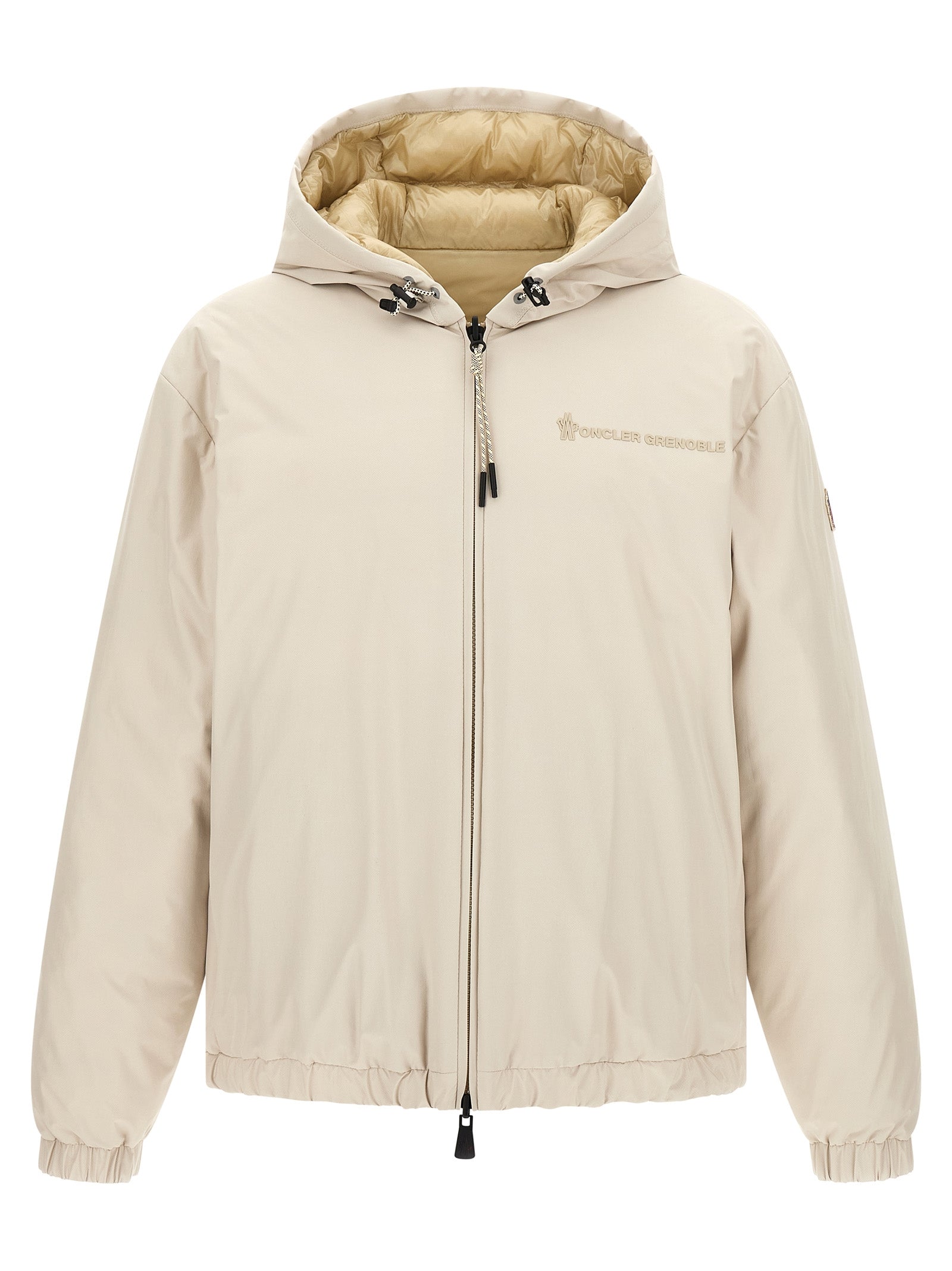Hooded Puffer Jacket by Moncler Grenoble for men in nylon beige presents a effortlessly chic silhouette, showcasing a sophisticated hooded neckline and premium hooded, insulated & windproof for a truly effortlessly chic finish.