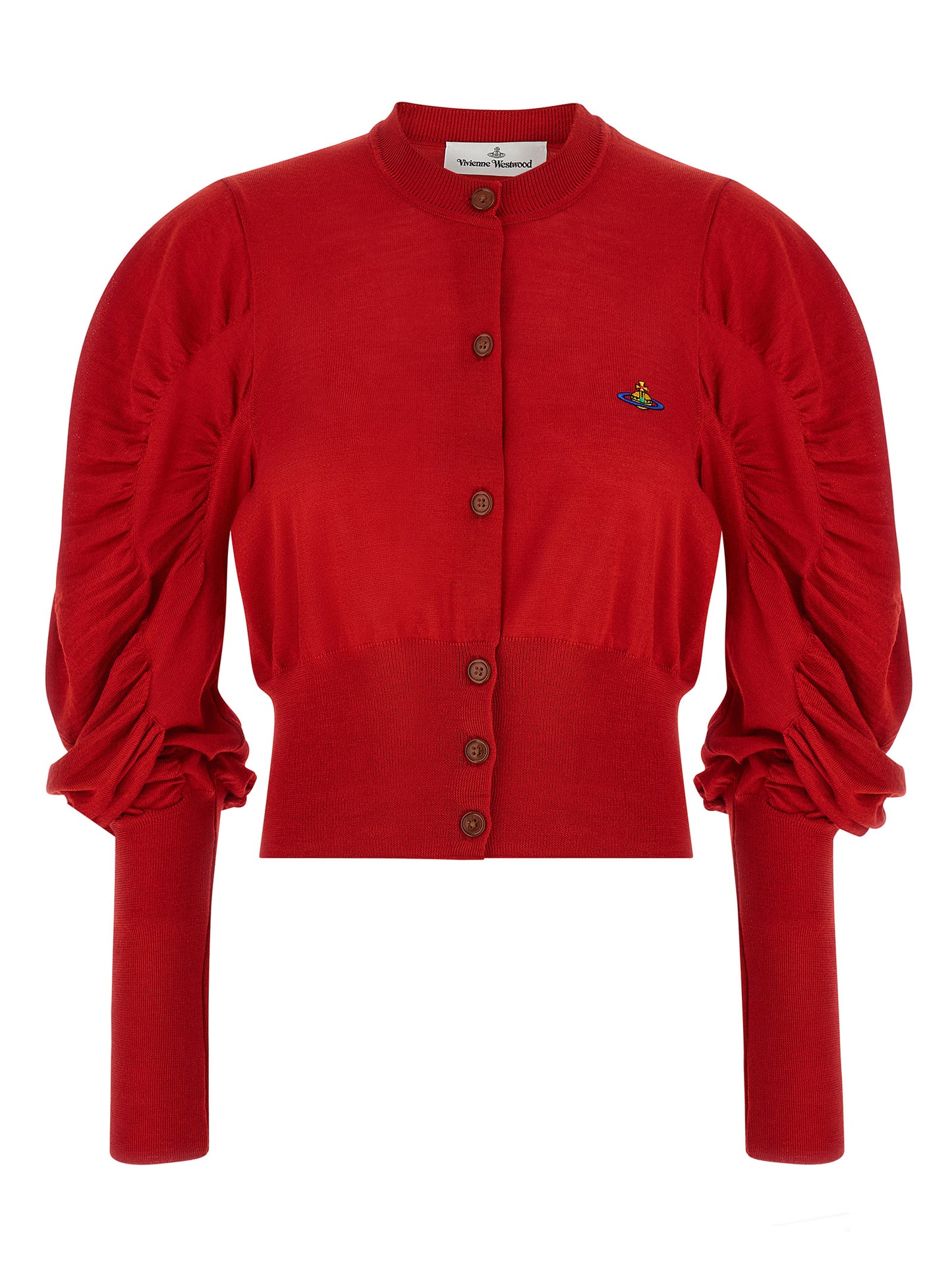 Cardigan by Vivienne Westwood for women in wool & silk multicolor, red & signature showcases a captivating silhouette, artfully detailed with a captivating long-sleeve and round neckline for a truly sophisticated captivating look.