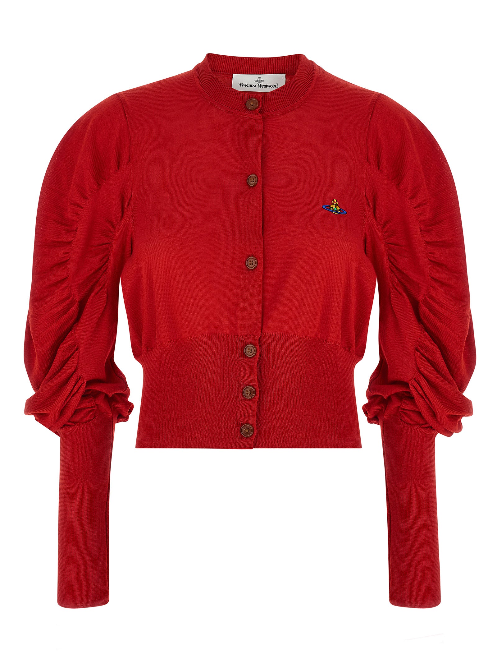 Cardigan by Vivienne Westwood for women in wool & silk multicolor, red & signature showcases a captivating silhouette, artfully detailed with a captivating long-sleeve and round neckline for a truly sophisticated captivating look.