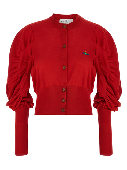 Cardigan by Vivienne Westwood for women in wool & silk multicolor, red & signature showcases a captivating silhouette, artfully detailed with a captivating long-sleeve and round neckline for a truly sophisticated captivating look.