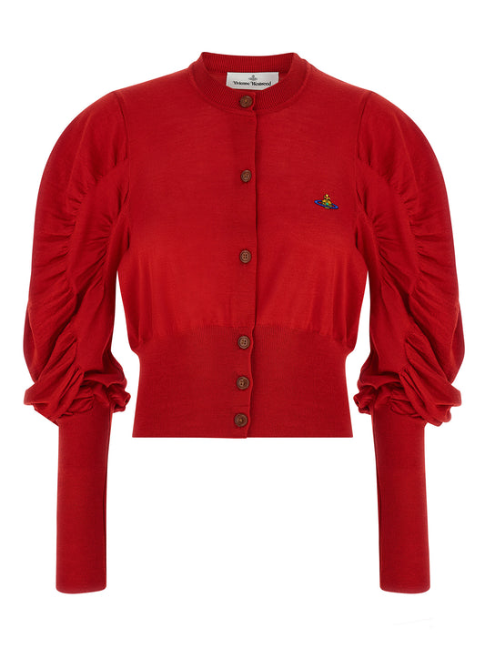 Cardigan by Vivienne Westwood for women in wool & silk multicolor, red & signature showcases a captivating silhouette, artfully detailed with a captivating long-sleeve and round neckline for a truly sophisticated captivating look.