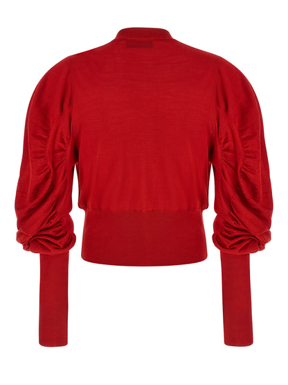 Cardigan by Vivienne Westwood for women in wool & silk multicolor, red & signature features a dramatic silhouette, showcasing a sophisticated round neckline and dramatic detail for a timeless, premium look.