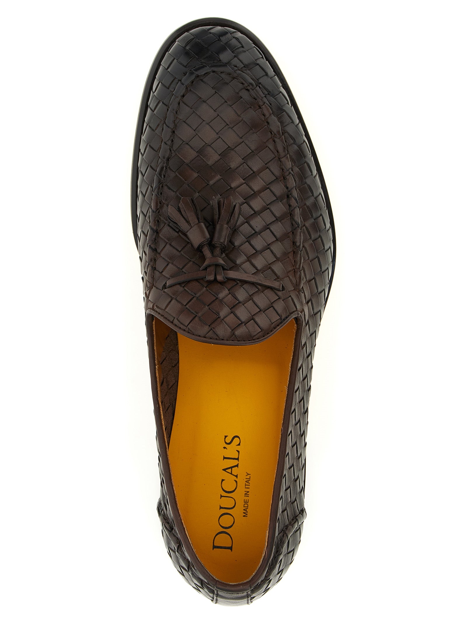 This Loafer Slip-On Shoes by Doucal's for men in calfskin leather brown, cream & yellow features an exquisite silhouette from the Blake Men's Calfskin Leather Loafer Slip-On Shoes collection, defined by a sophisticated and elegant almond toe style.