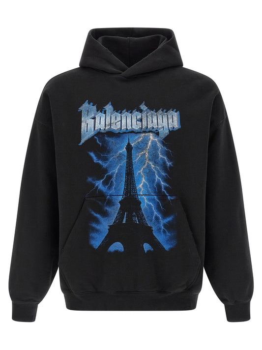 Sweatshirt Hoodie by Balenciaga for men in cotton black & print features an dramatic silhouette, showcasing a sophisticated hooded neckline and dramatic long-sleeve for a refined, modern aesthetic.