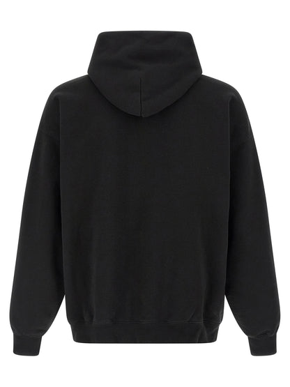 Sweatshirt Hoodie by Balenciaga for men in cotton black & print features an avant-garde silhouette, showcasing a sophisticated hooded neckline and detail for a truly avant-garde finish.