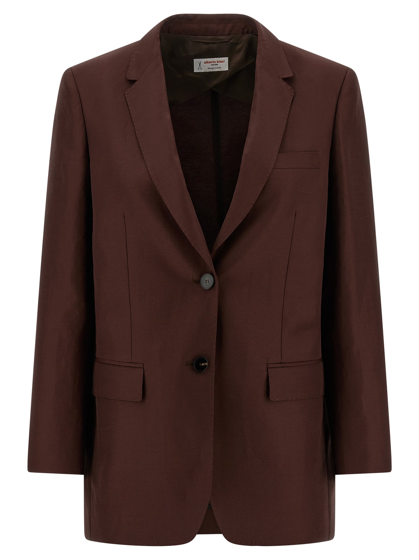 Blazer by Alberto Biani for women in linen & viscose brown & horn features an crisp silhouette with sophisticated and a crisp split neckline for a truly crisp finish.
