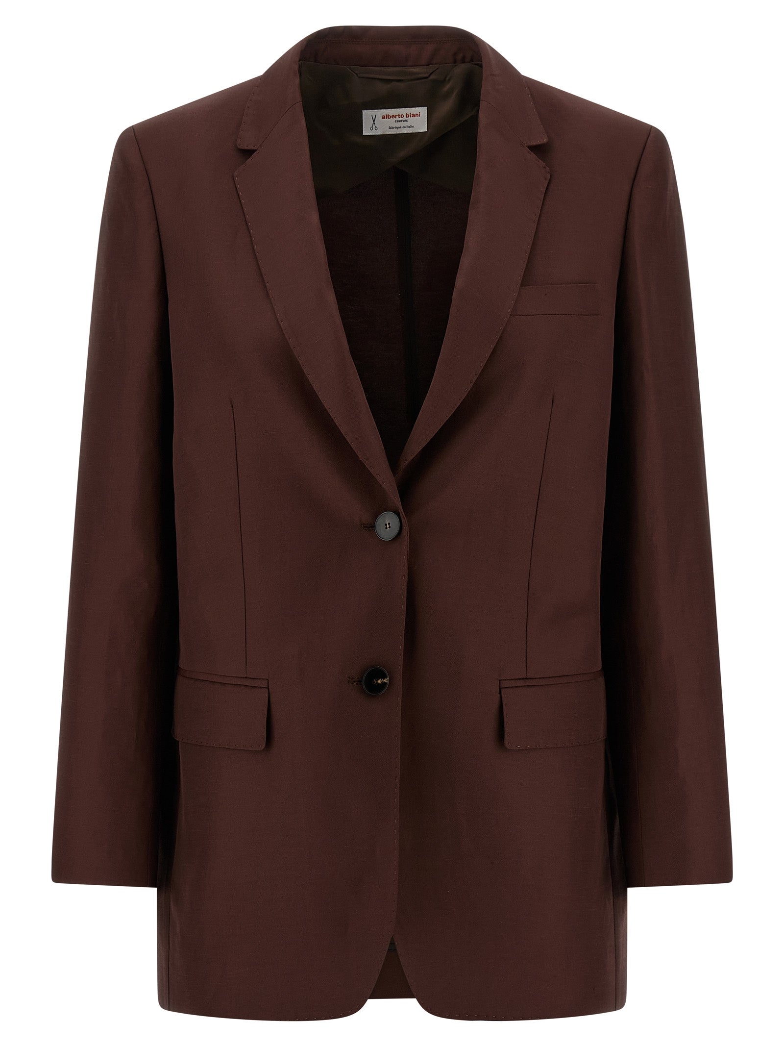 Blazer by Alberto Biani for women in linen & viscose brown & horn features an crisp silhouette with sophisticated and a crisp split neckline for a truly crisp finish.