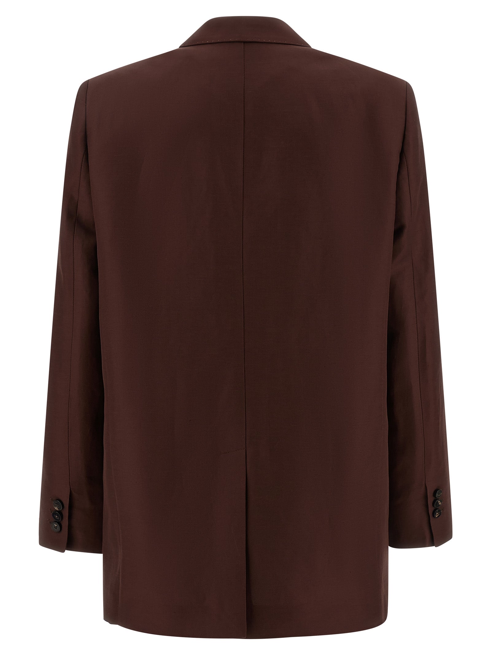 Blazer by Alberto Biani for women in linen & viscose brown & horn showcases a discerning silhouette, elegantly detailed with a sophisticated split neckline and premium for a truly discerning finish.