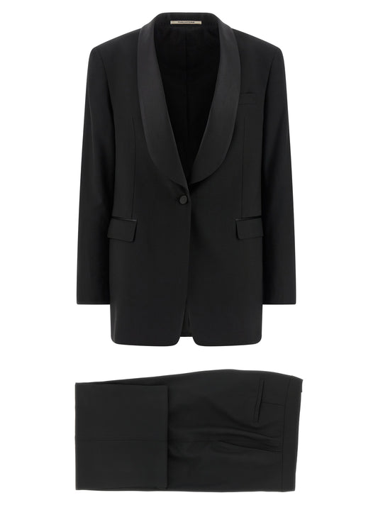 Pant Suit by Tagliatore for women in virgin wool black & natural showcases an bespeak silhouette, artfully detailed with a sophisticated shawl-collar neckline and an bespeak straight-leg & wide for a refined finish.