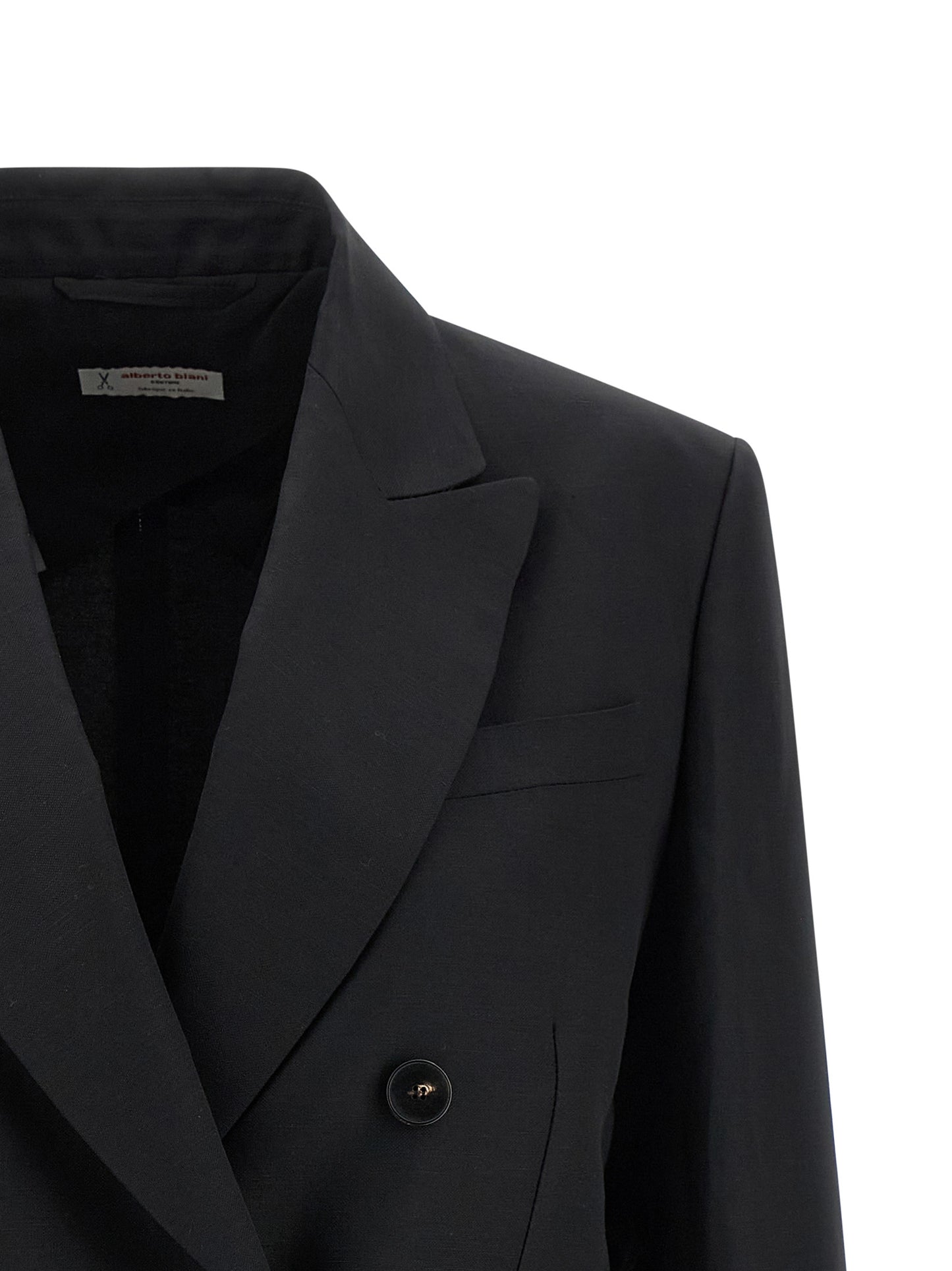 Blazer by Alberto Biani for women in linen & viscose black & horn showcases a discerning silhouette, elegantly detailed with a sophisticated and premium for a truly discerning finish.
