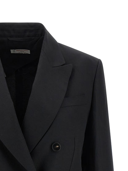 Blazer by Alberto Biani for women in linen & viscose black & horn showcases a discerning silhouette, elegantly detailed with a sophisticated and premium for a truly discerning finish.