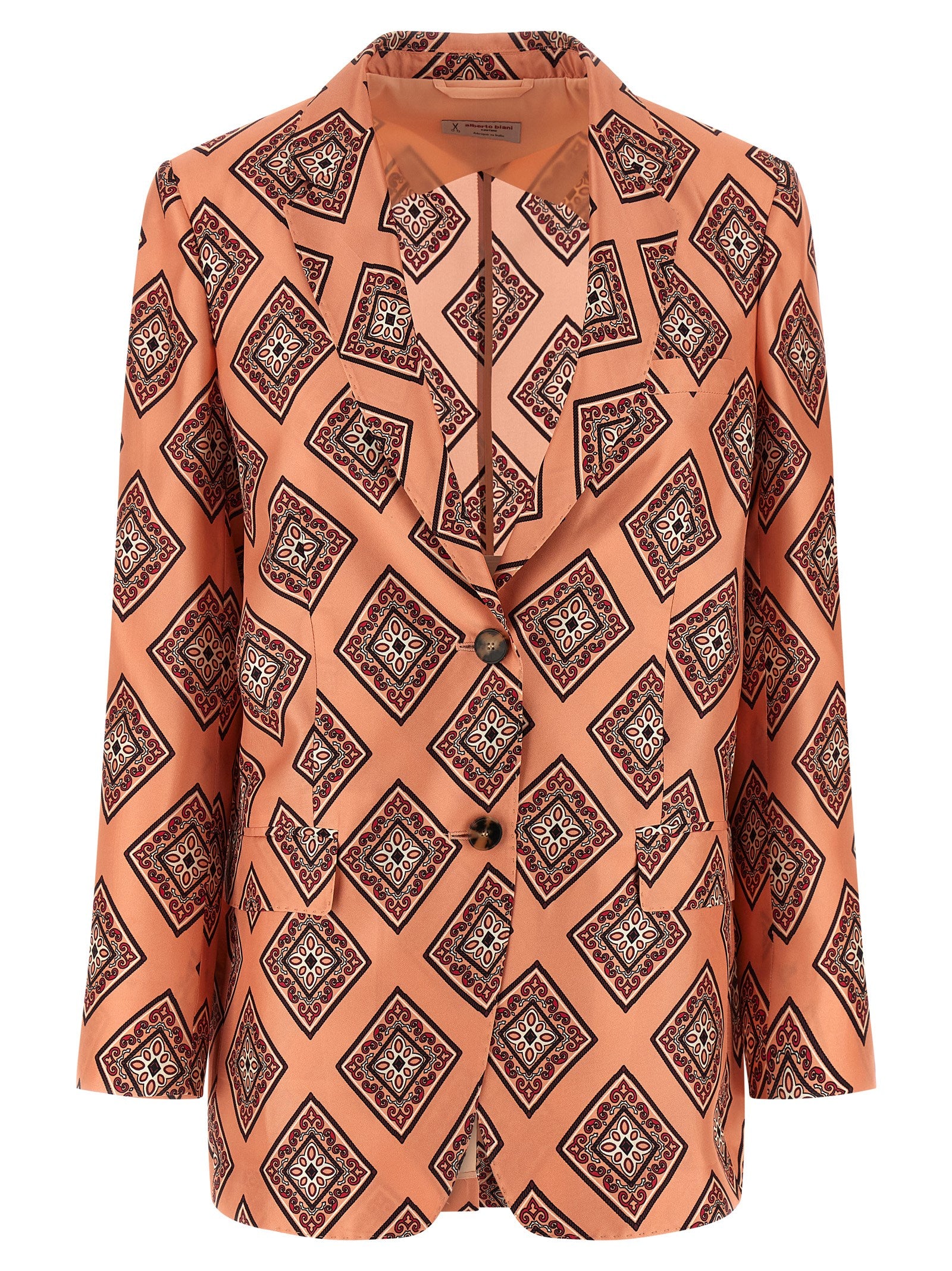 Blazer by Alberto Biani for women in silk horn, multicolor & pink features an crisp silhouette with sophisticated and a crisp split neckline for a truly crisp finish.