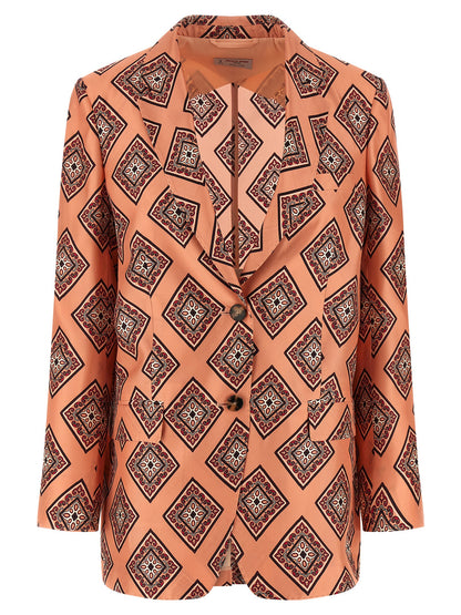 Blazer by Alberto Biani for women in silk horn, multicolor & pink features an crisp silhouette with sophisticated and a crisp split neckline for a truly crisp finish.