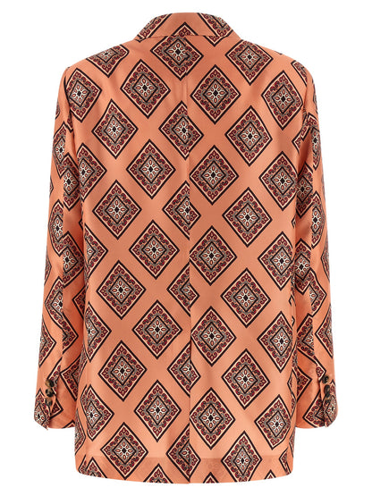 Blazer by Alberto Biani for women in silk horn, multicolor & pink showcases a discerning silhouette, elegantly detailed with a sophisticated split neckline and premium for a truly discerning finish.
