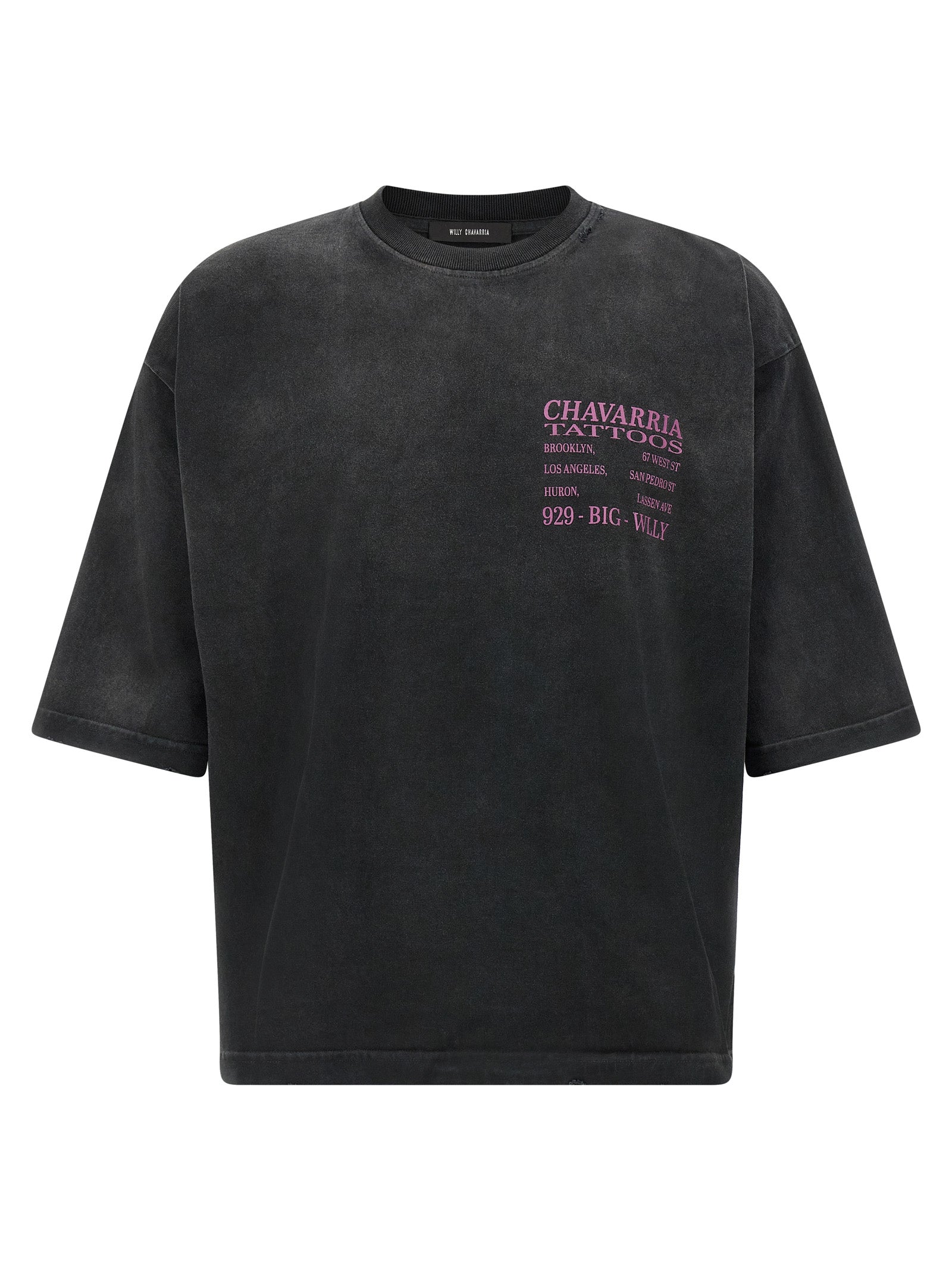 T-Shirt by WILLY CHAVARRIA for men in buffalo leather & cotton black & print features an edgy silhouette, meticulously detailed with a sophisticated short-sleeve and crew neckline for a truly edgy finish.