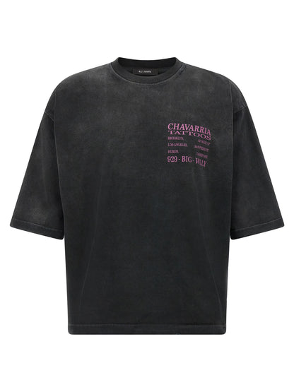 T-Shirt by WILLY CHAVARRIA for men in buffalo leather & cotton black & print features an edgy silhouette, meticulously detailed with a sophisticated short-sleeve and crew neckline for a truly edgy finish.