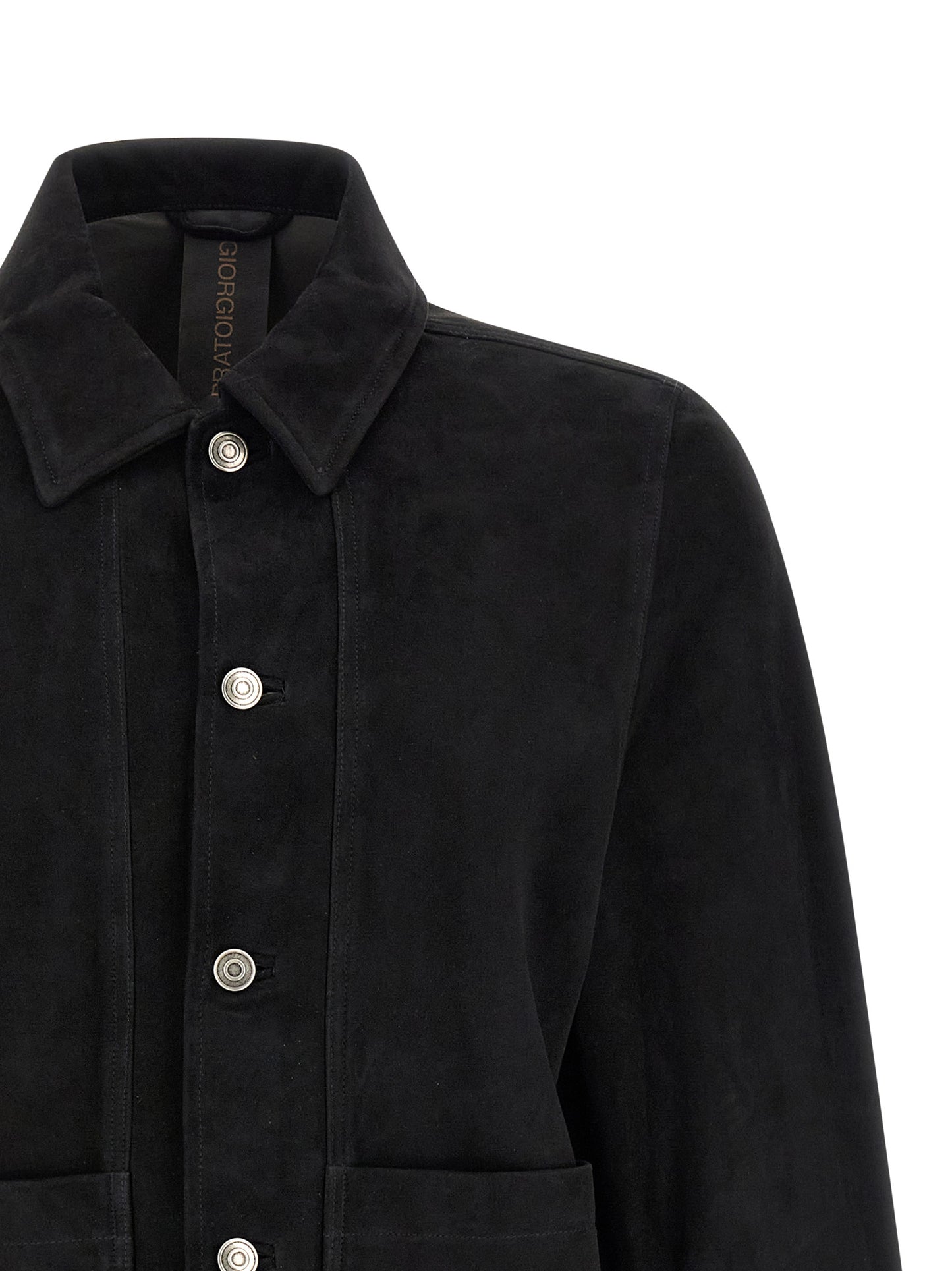 Jacket by GIORGIO BRATO for men in suede leather black showcases a enveloping silhouette, artfully detailed with a enveloping shirt-collar neckline and premium for a truly enveloping finish.