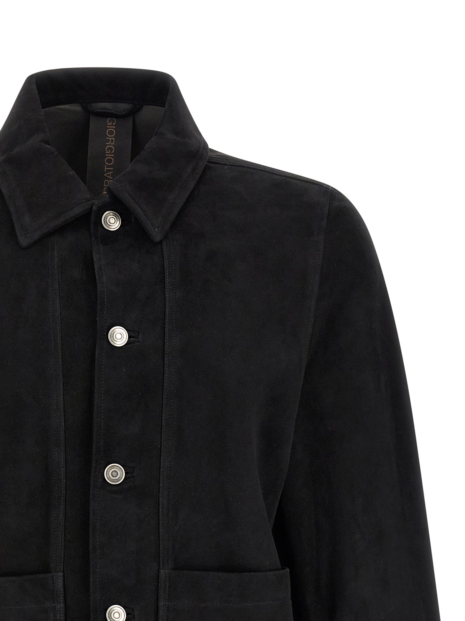 Jacket by GIORGIO BRATO for men in suede leather black showcases a enveloping silhouette, artfully detailed with a enveloping shirt-collar neckline and premium for a truly enveloping finish.