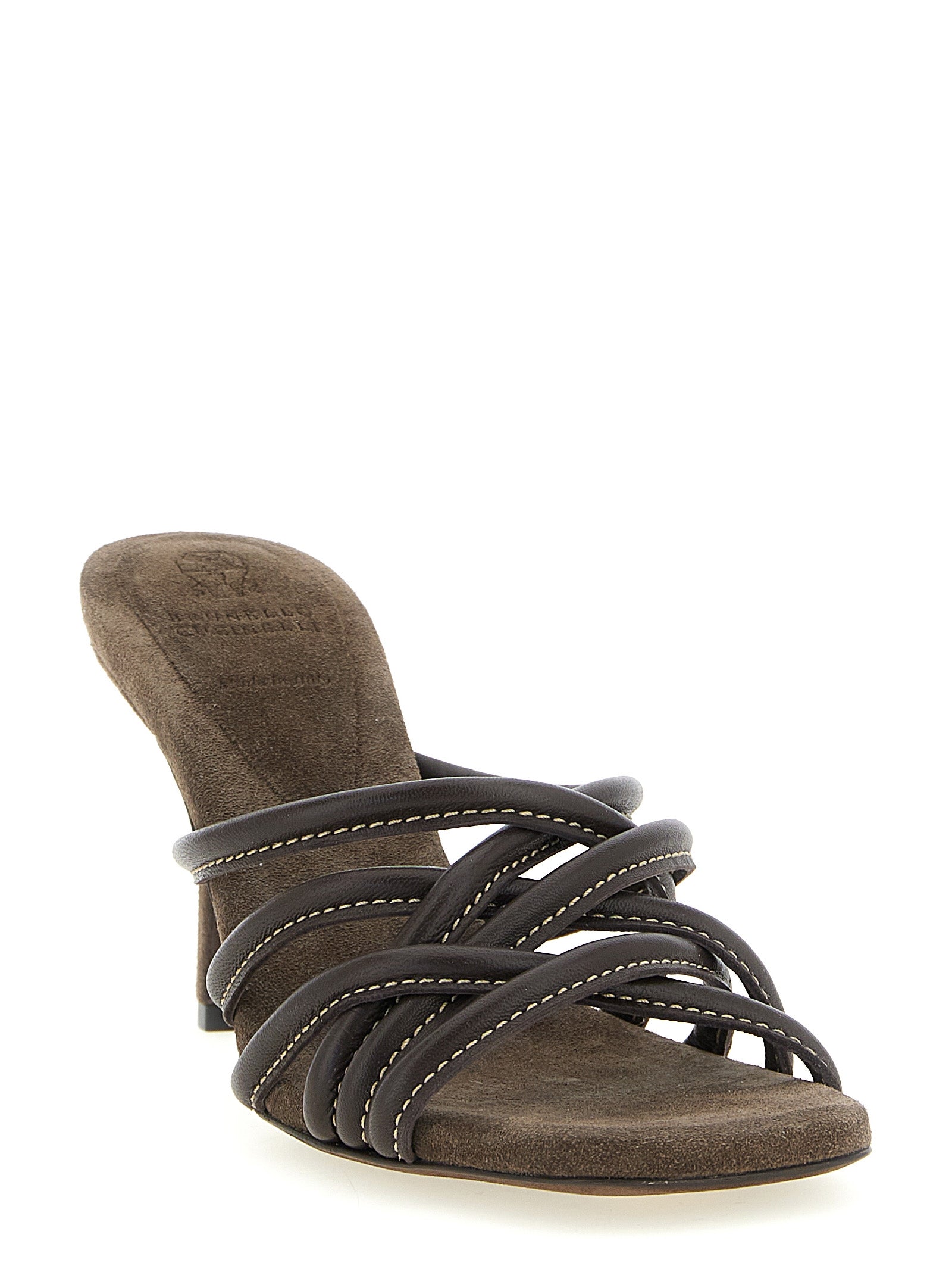 Stiletto Sandals by Brunello Cucinelli for women in suede leather & rubber and brown presents a captivating silhouette, showcasing the signature style of the Women's Suede Leather & Rubber Stiletto Sandals with a captivating stiletto and captivating .