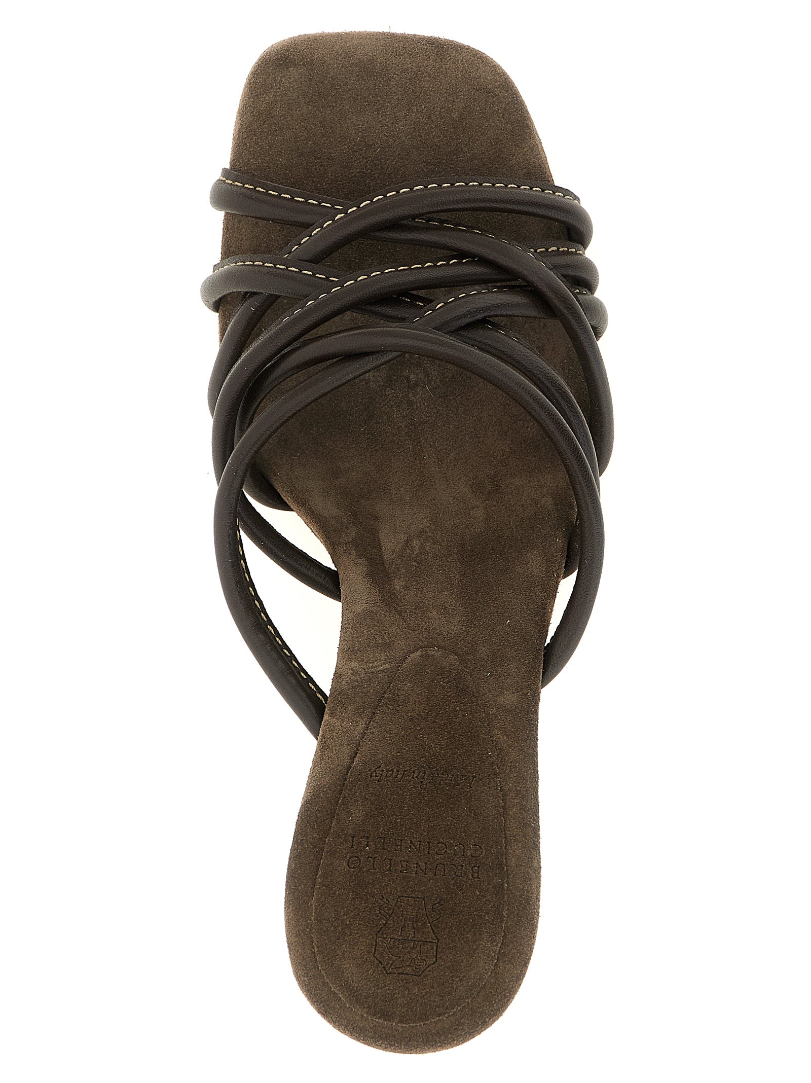 Stiletto Sandals by Brunello Cucinelli for women in suede leather & rubber brown showcases a sculptural silhouette as Women's Suede Leather & Rubber Stiletto Sandals, defined by a sculptural stiletto and sculptural for a sculptural look.