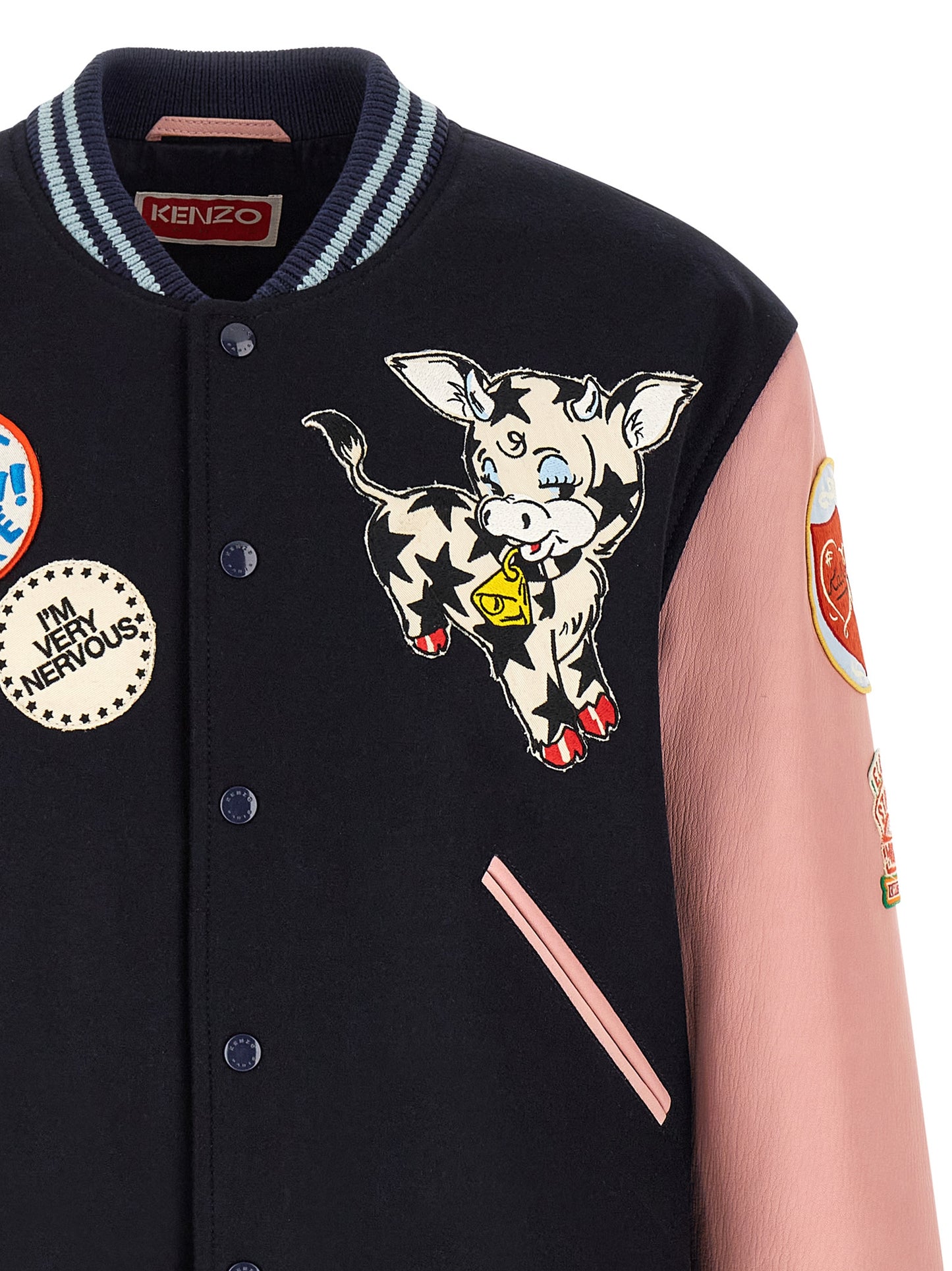 Bomber Jacket by Kenzo for men in viscose wool & leather multicolor features an contemporary silhouette, showcasing a sophisticated high-neck neckline and contemporary for a truly refined look.