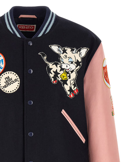 Bomber Jacket by Kenzo for men in viscose wool & leather multicolor features an contemporary silhouette, showcasing a sophisticated high-neck neckline and contemporary for a truly refined look.