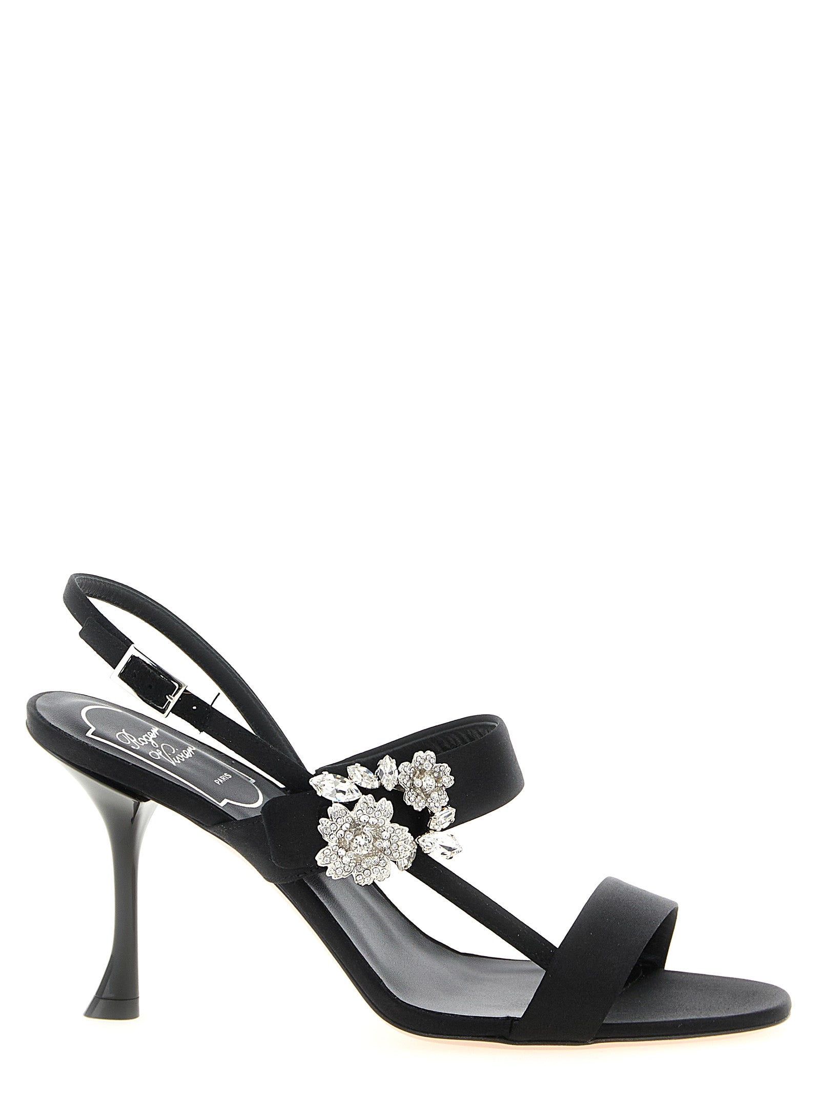 Stiletto Sandals by Roger Vivier for women in viscose silk satin & crystal black presents a sculptural silhouette, showcasing the Women's Viscose Silk Satin & Crystal Stiletto Sandals design with a sculptural stiletto and for a premium look.