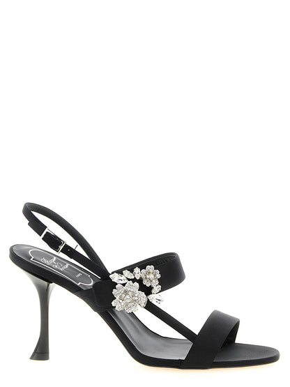 Stiletto Sandals by Roger Vivier for women in viscose silk satin & crystal black presents a sculptural silhouette, showcasing the Women's Viscose Silk Satin & Crystal Stiletto Sandals design with a sculptural stiletto and for a premium look.
