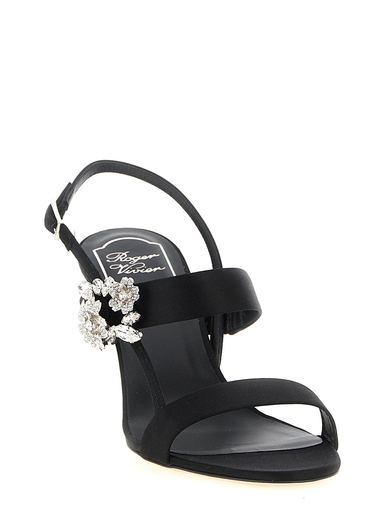 Stiletto Sandals by Roger Vivier for women in viscose silk satin & crystal black features an effortlessly chic silhouette from the Women's Viscose Silk Satin & Crystal Stiletto Sandals collection, showcasing a effortlessly chic stiletto and elegant .
