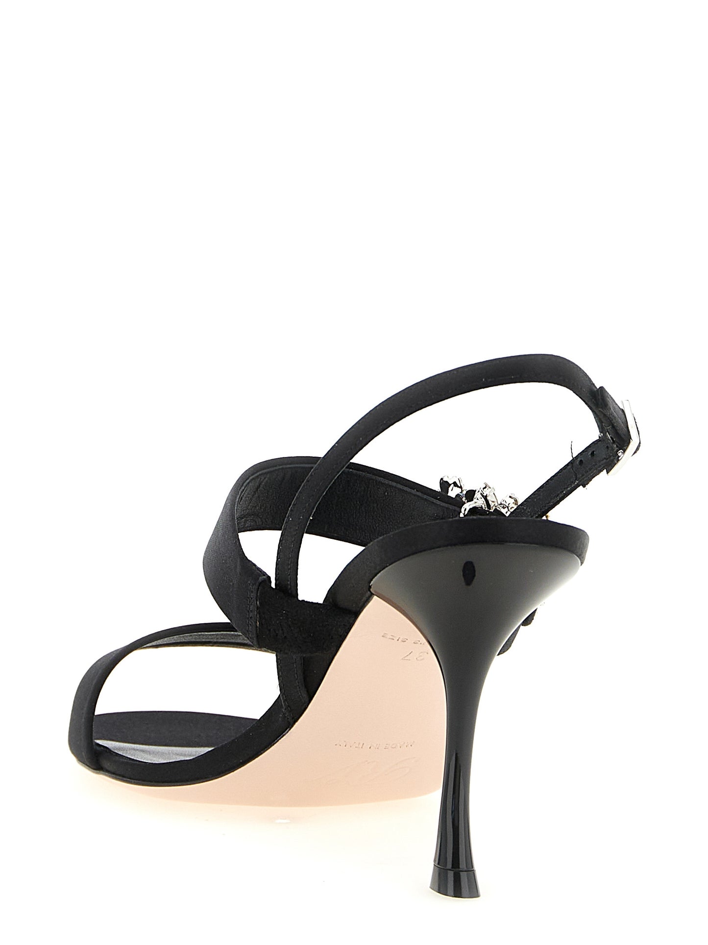 Stiletto Sandals by Roger Vivier for women in viscose silk satin & crystal and black presents a captivating silhouette, showcasing the signature style of the Women's Viscose Silk Satin & Crystal Stiletto Sandals with a captivating stiletto and captivating .