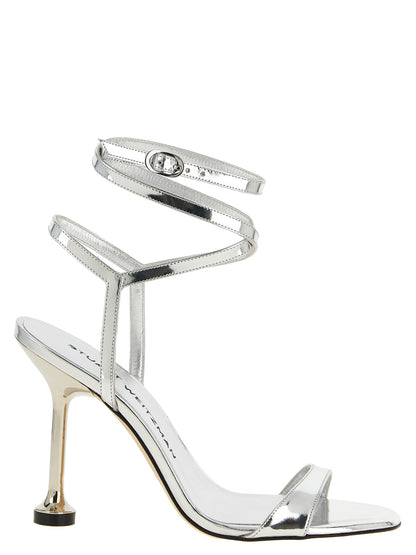 Stiletto Ankle Strap Sandals by Stuart Weitzman for women in polyethylene polyurethane leather silver showcases a sculptural silhouette as Women's Polyethylene Polyurethane Leather Stiletto Ankle Strap Sandals, defined by a sculptural stiletto and sculptural for a sculptural look.