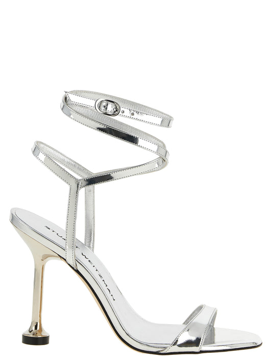 Stiletto Ankle Strap Sandals by Stuart Weitzman for women in polyethylene polyurethane leather silver showcases a sculptural silhouette as Women's Polyethylene Polyurethane Leather Stiletto Ankle Strap Sandals, defined by a sculptural stiletto and sculptural for a sculptural look.
